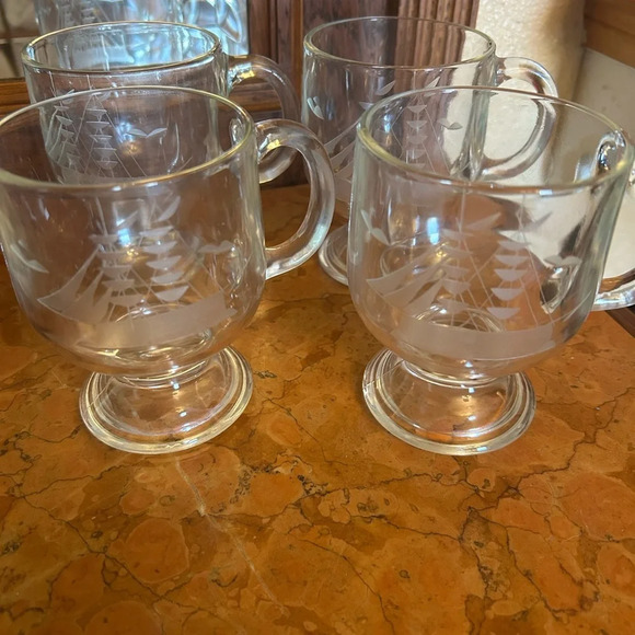 4 Clipper Ships Nautical Boats Hand Cut Javit Crystal Footed Glass Mugs - Picture 2 of 2